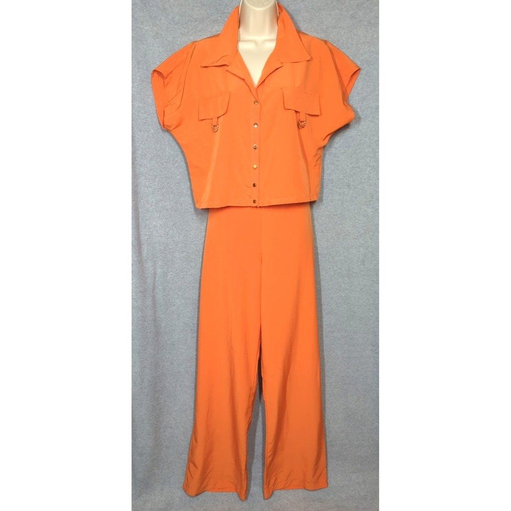 Vtg 2 Piece Set Blouse Wide Leg Pants XL Orange Relaxed Pull on Boho Appeal Chic
